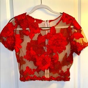 Vibrant Red Floral Sheer Blouse